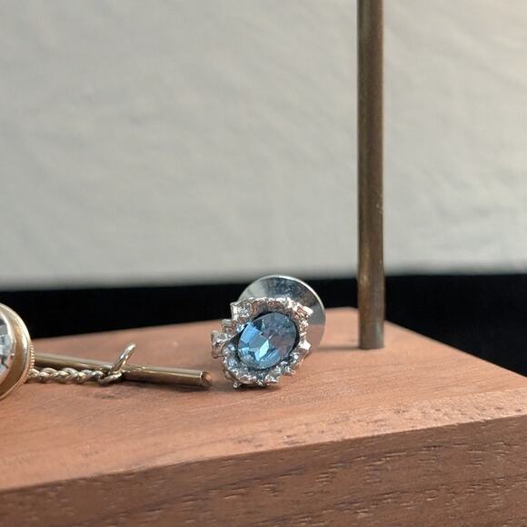 Two Blue Crystal Silvertone Tie Tacks (One by Swank) - Picture 3 of 6